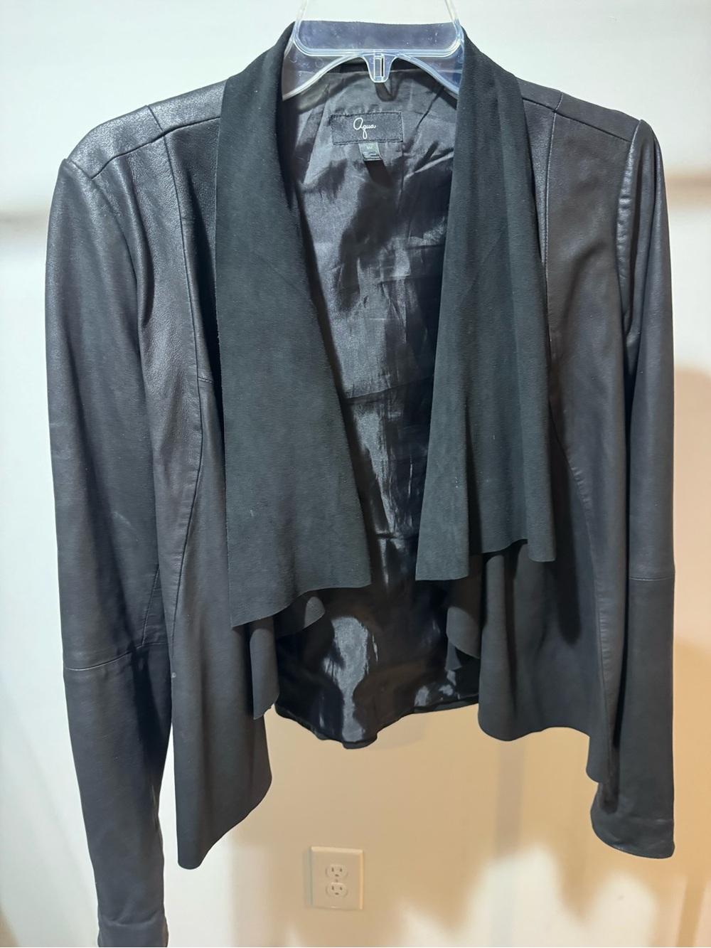 Aqua Black Draped Leather Open Jacket